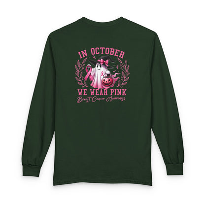 Breast Cancer Awareness Long Sleeve Tee — "In October We Wear Pink" Cow Design