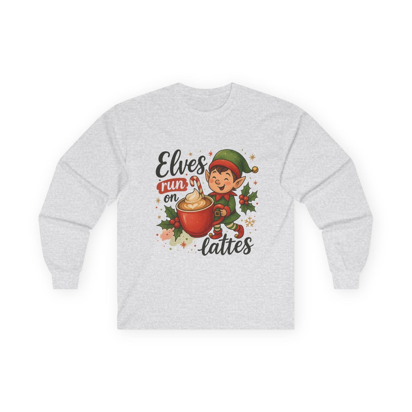 Christmas Elf Long Sleeve Tee, Holiday Shirt, Gift for Coffee Lovers, Festive Apparel, Elf-Themed Clothing