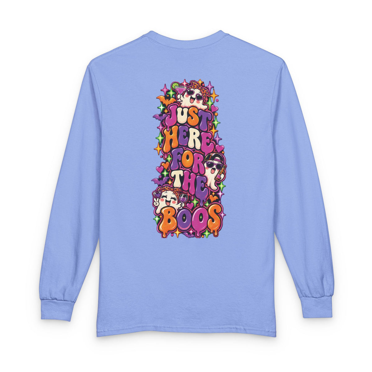 Halloween Long Sleeve Tee — "Just Here for the Boos" Ghost Party Shirt