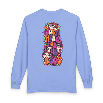 Halloween Long Sleeve Tee — "Just Here for the Boos" Ghost Party Shirt