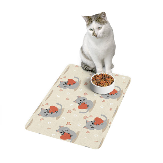 Pet Food Mat Cat Feeding Mat Heart Design Pet Place Mat Kitty Gift Cat or Dog Lovers Home Decor Non-Slip Dish Mat Cute Cat Love Food Mat