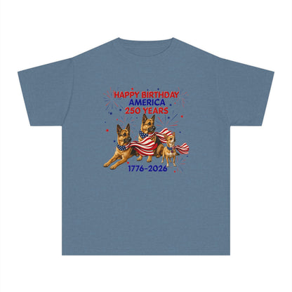 Youth Tee — "Happy Birthday America 250 Years 1776-2026" Patriotic German Shepherds