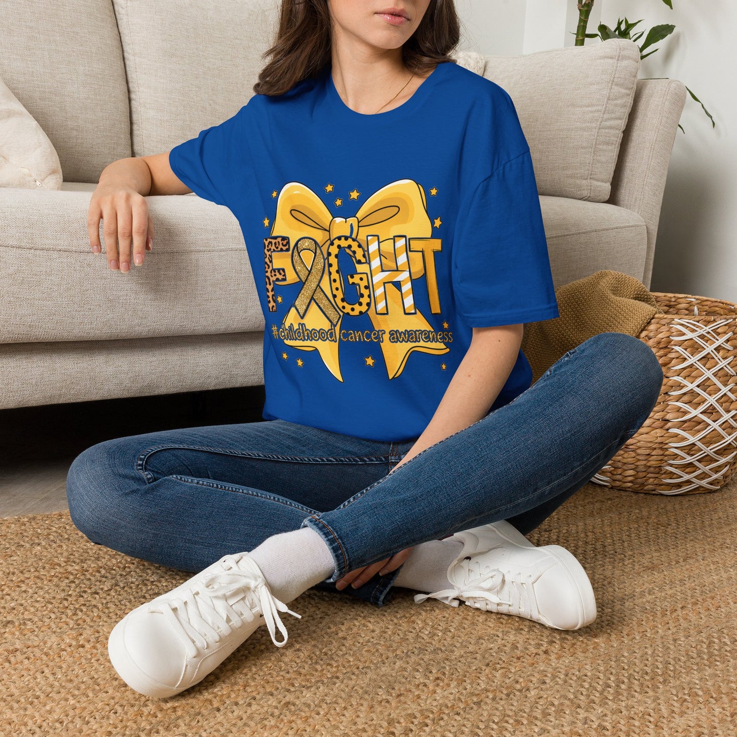 Fight Childhood Cancer T-Shirt — Gold Awareness Ribbon Bow Design