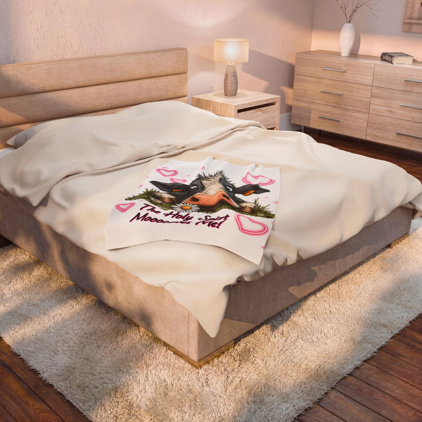 Velveteen Blanket – "The Holy Spirit Moooooves Me" Cute Cow Plush Throw