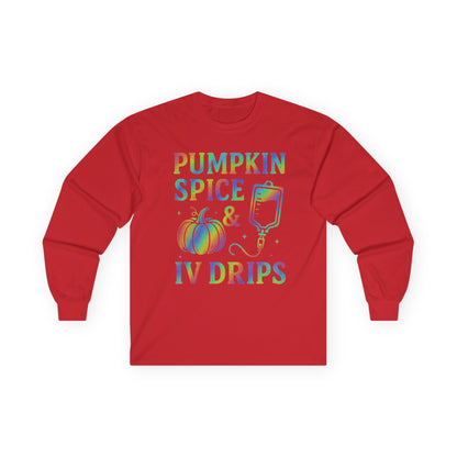 Pumpkin Spice IV Drips Long Sleeve Tee, Autumn Shirt, Fall Fashion, Halloween Apparel, Cozy Gift