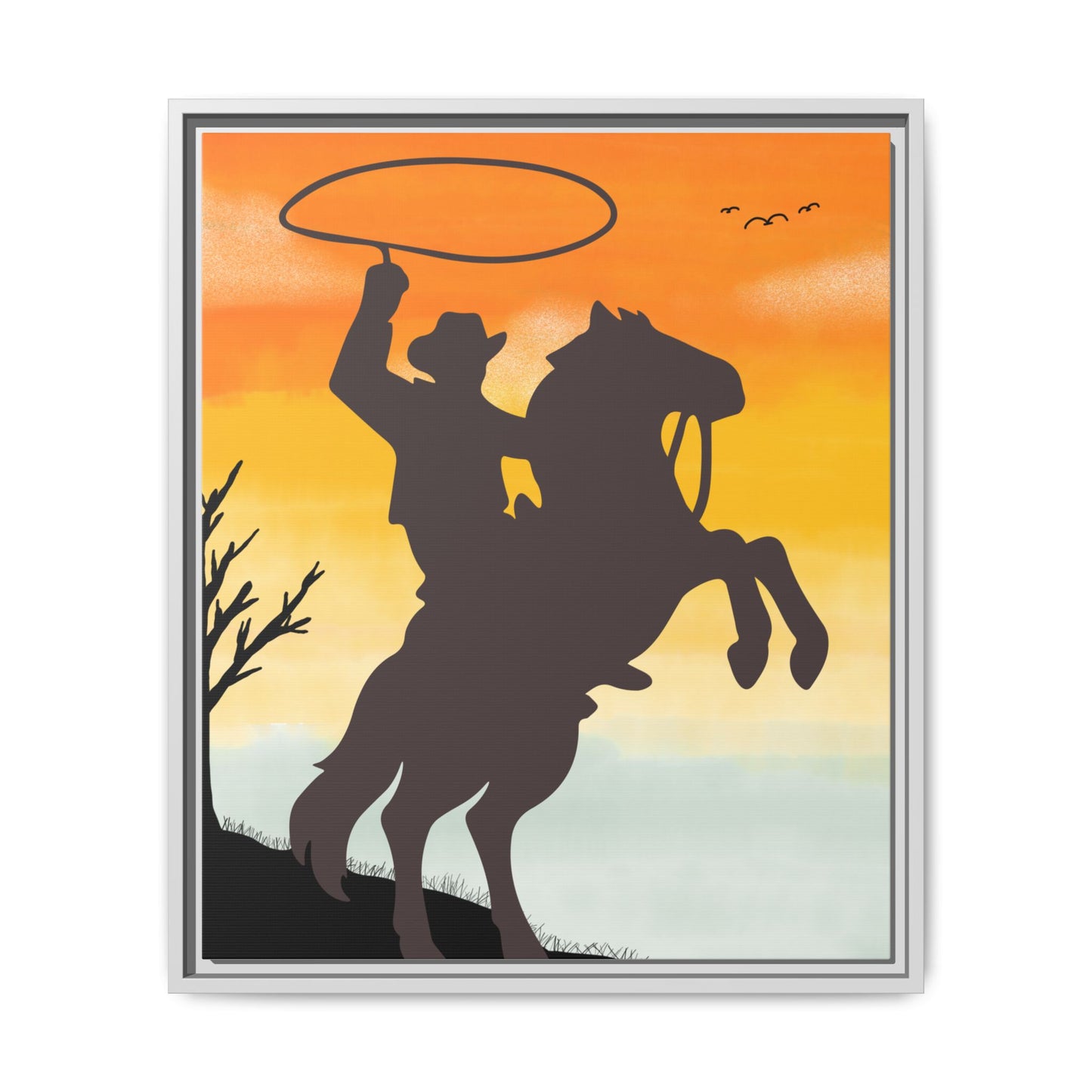 Framed Canvas Art Print Western Home Decor Rustic Wall Art Gift for Cowgirl or Cowboy Country Housewarming Rodeo Home Decor Cowboy Sunset