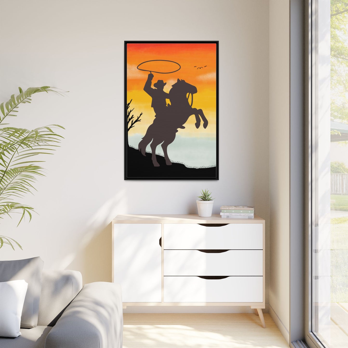 Framed Canvas Art Print Western Home Decor Rustic Wall Art Gift for Cowgirl or Cowboy Country Housewarming Rodeo Home Decor Cowboy Sunset