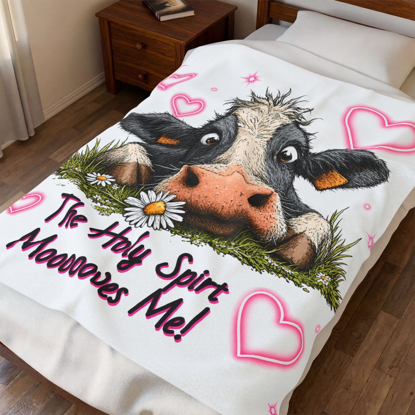 Velveteen Blanket – "The Holy Spirit Moooooves Me" Cute Cow Plush Throw