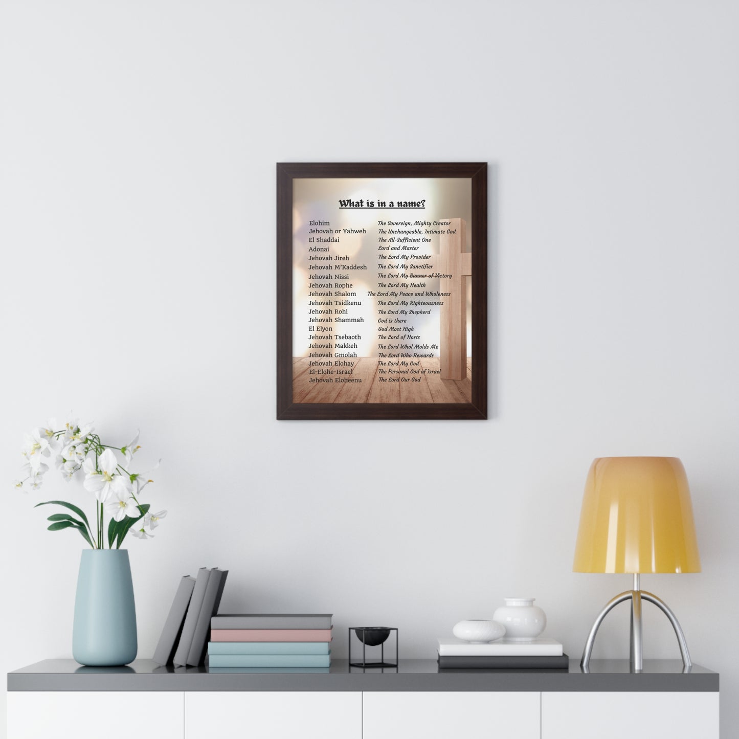 Framed Print Art Hebrew God Names Wall Art Home Decor Faith Gift Christian Room Prayer Space Divine Text Scripture Display Spiritual Design