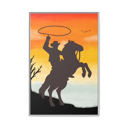 Framed Canvas Art Print Western Home Decor Rustic Wall Art Gift for Cowgirl or Cowboy Country Housewarming Rodeo Home Decor Cowboy Sunset