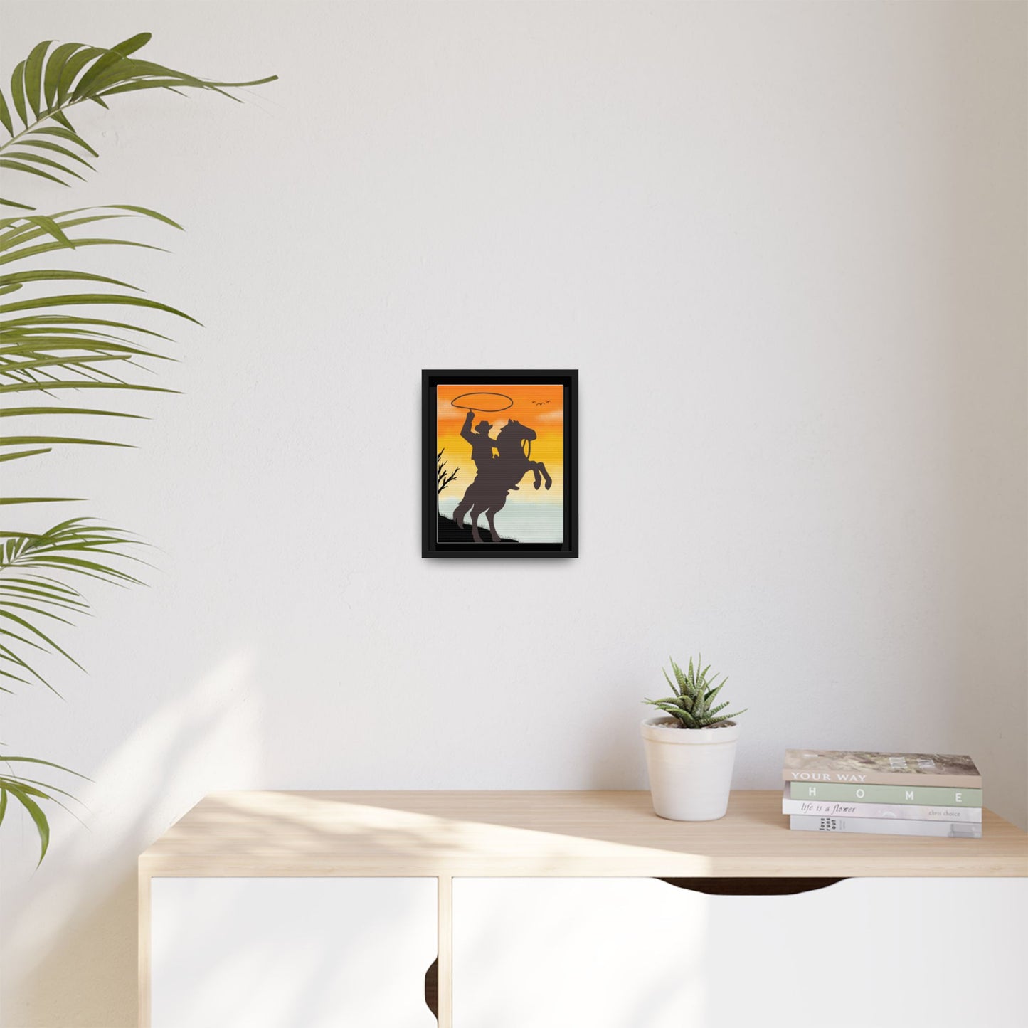 Framed Canvas Art Print Western Home Decor Rustic Wall Art Gift for Cowgirl or Cowboy Country Housewarming Rodeo Home Decor Cowboy Sunset