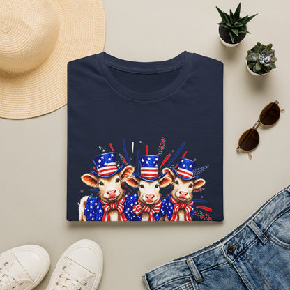 American Patriotic Cows T-Shirt — 4th of July Cow Trio in Uncle Sam Hats