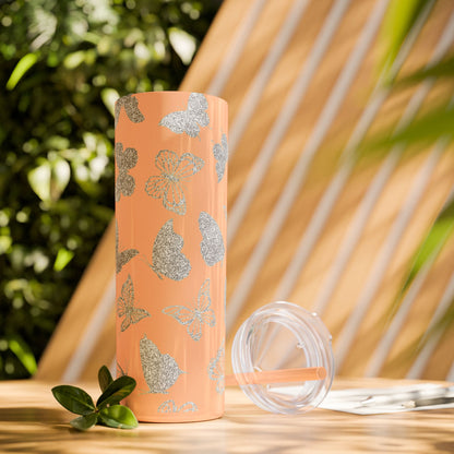 Tumbler Travel Butterfly Design Skinny Tumbler with Straw - 20oz, Stylish Drinkware for Nature Lovers Gift for Anyone