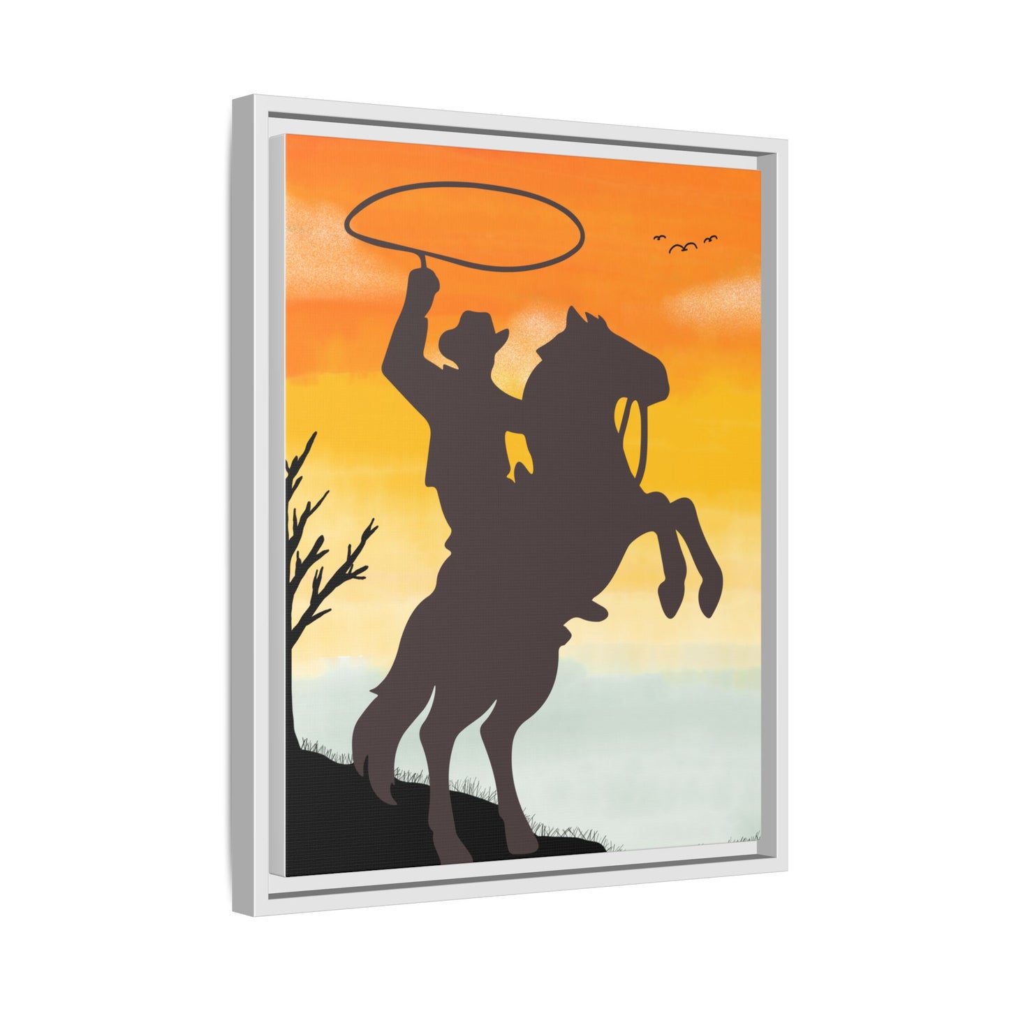Framed Canvas Art Print Western Home Decor Rustic Wall Art Gift for Cowgirl or Cowboy Country Housewarming Rodeo Home Decor Cowboy Sunset