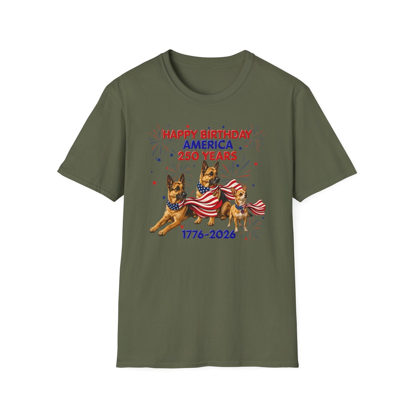 1776–2026 Happy Birthday America T-Shirt — 250 Years Patriotic Flag Dogs Tee