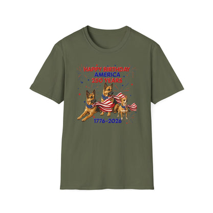 1776–2026 Happy Birthday America T-Shirt — 250 Years Patriotic Flag Dogs Tee