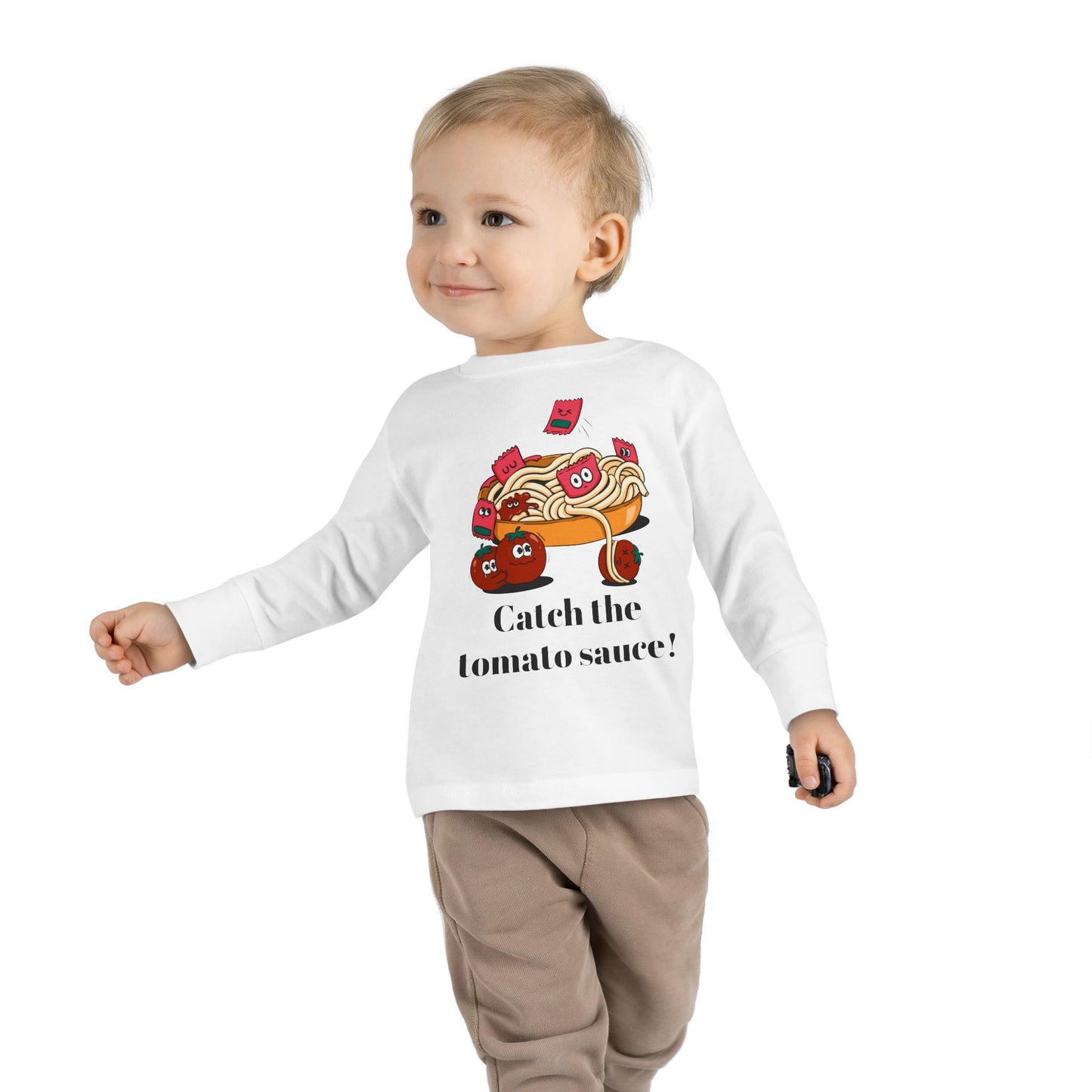 T-Shirt Cute Food-Themed Toddler Long Sleeve Tee Catch the Tomato Sauce Shirt Kids Foodie Apparel Fun Playdate Outfit Perfect for Birthdays