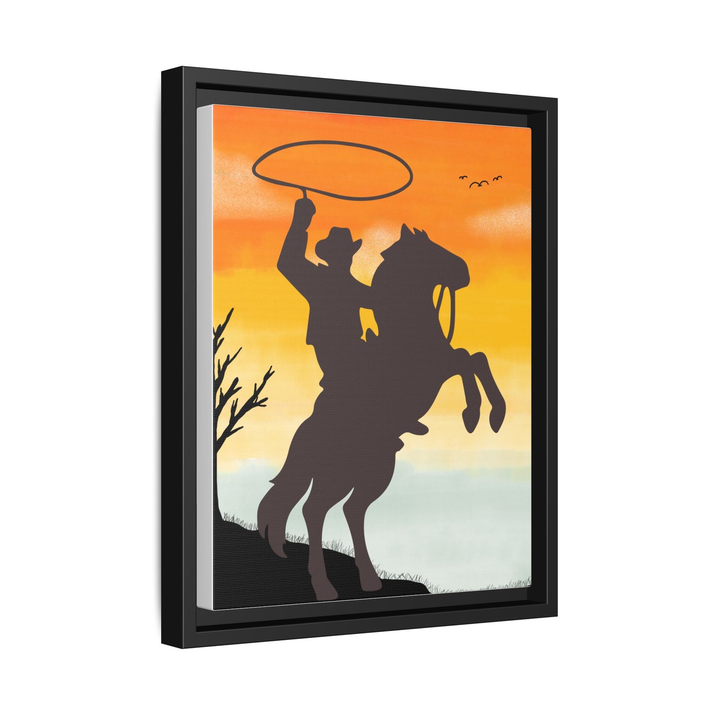 Framed Canvas Art Print Western Home Decor Rustic Wall Art Gift for Cowgirl or Cowboy Country Housewarming Rodeo Home Decor Cowboy Sunset