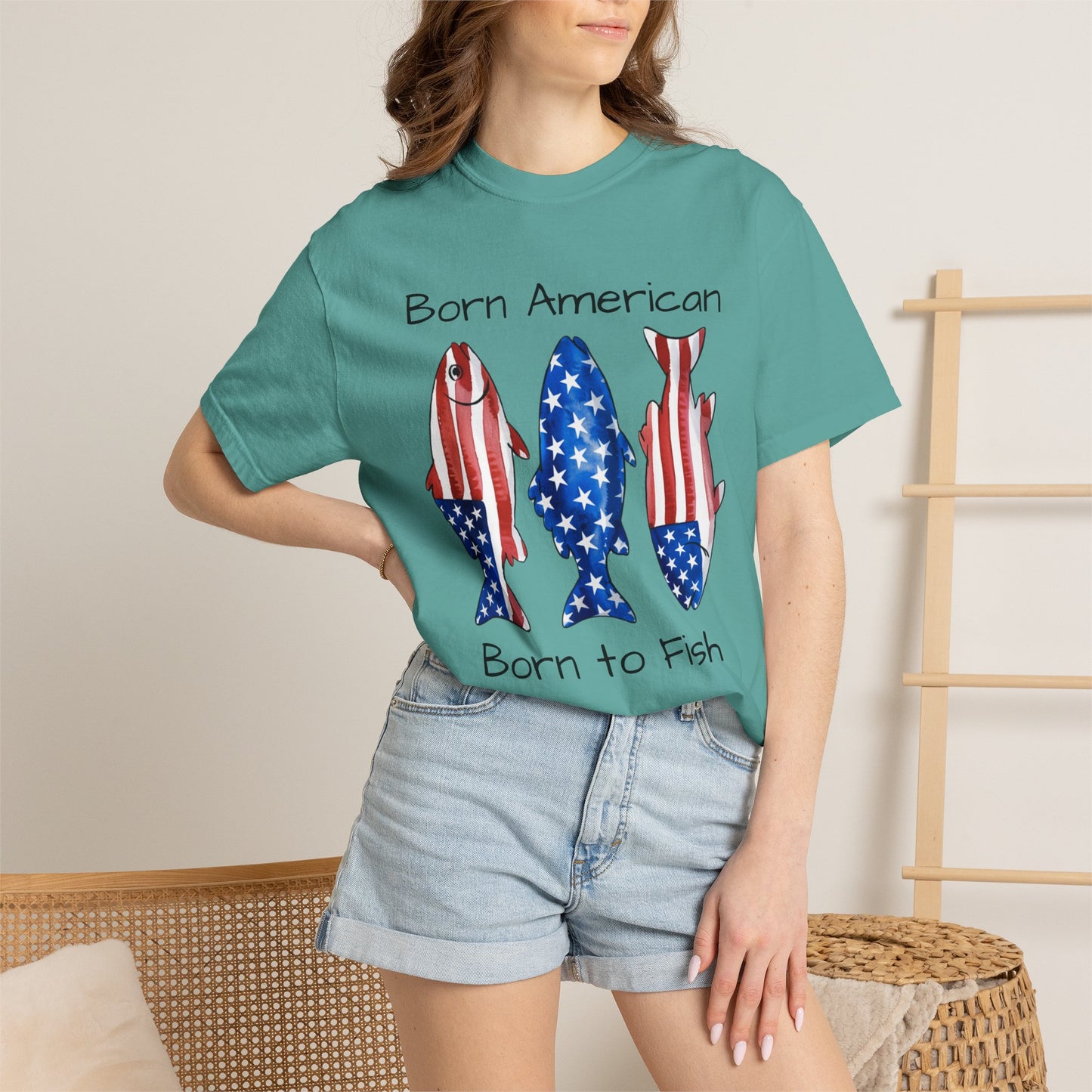 T-Shirt — "Born American Born to Fish" Patriotic Fishing Tee