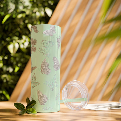 Tumbler Travel Butterfly Design Skinny Tumbler with Straw - 20oz, Stylish Drinkware for Nature Lovers Gift for Anyone