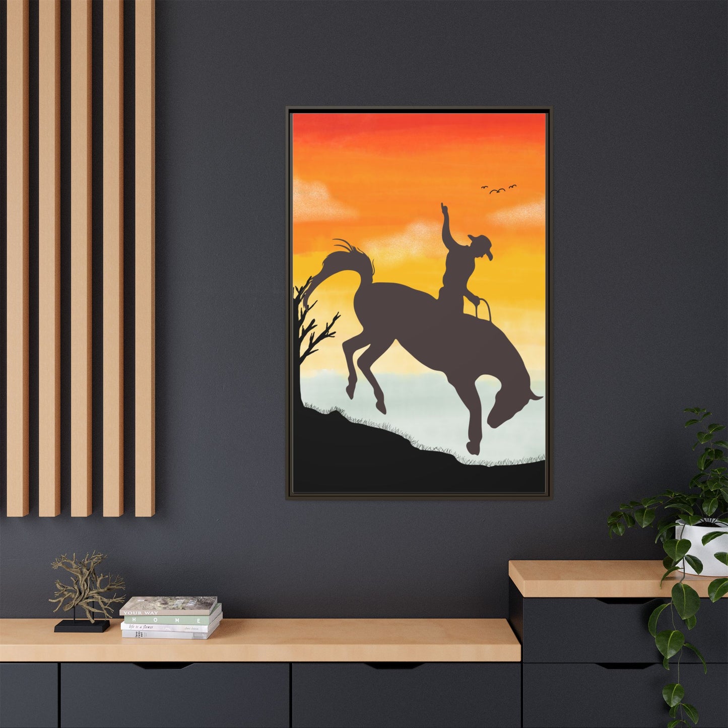 Framed Cowboy Sunset Canvas Art Equestrian Decor Farmhouse Wall Art Rustic Home Decoration Gift for Horse Lovers Rodeo Decor Housewarming Gift