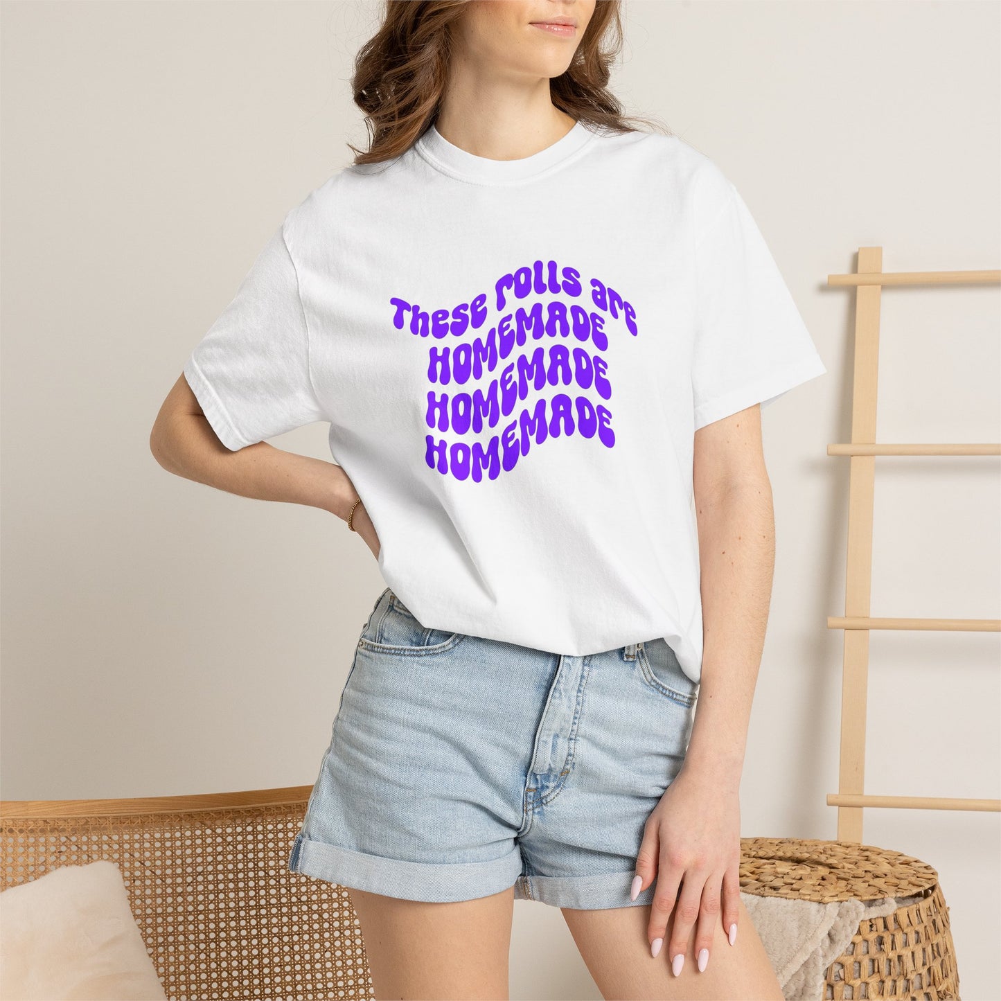 T-Shirt — "These Rolls Are Homemade" Retro Wavy Text Graphic Tee