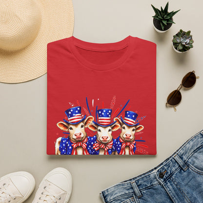 American Patriotic Cows T-Shirt — 4th of July Cow Trio in Uncle Sam Hats