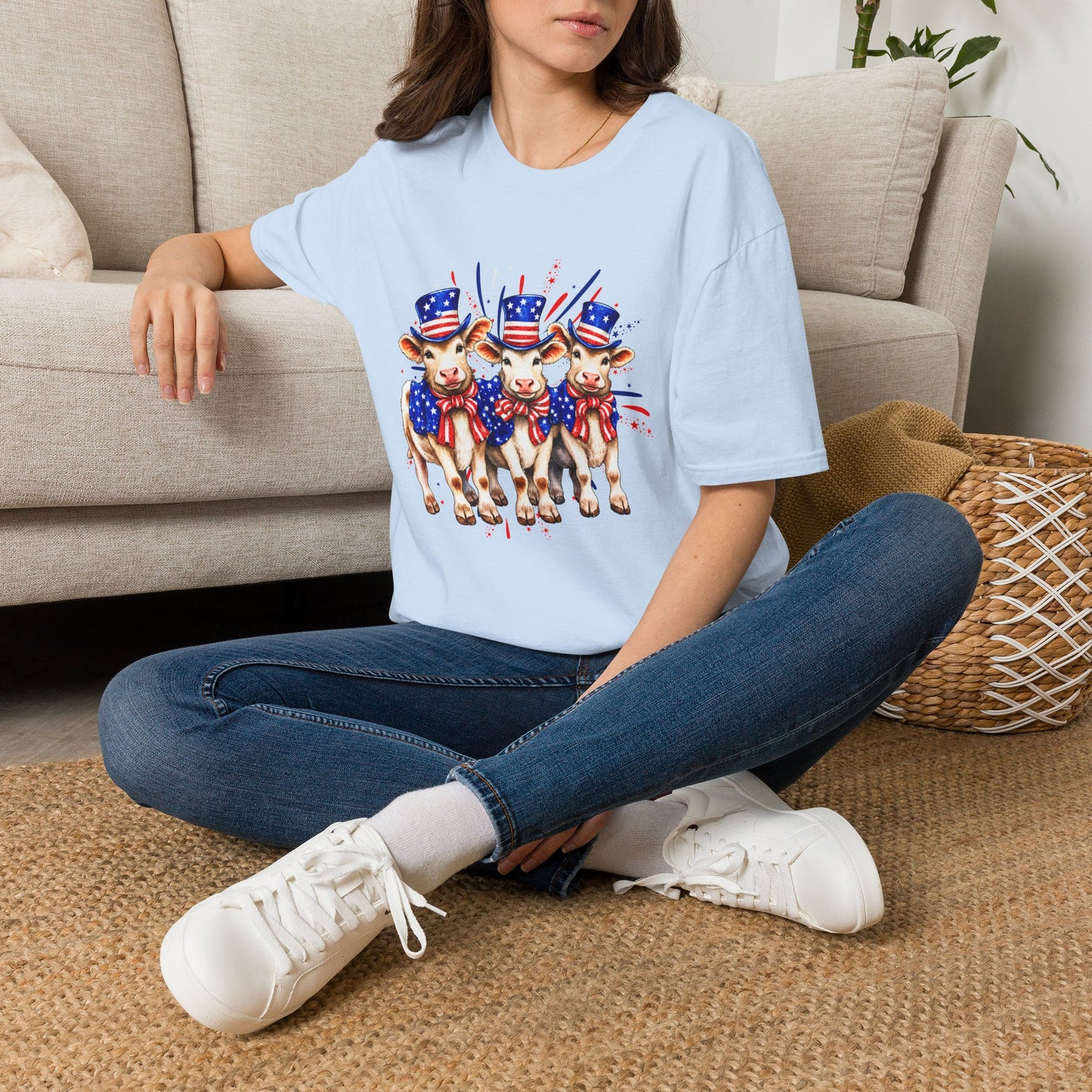 American Patriotic Cows T-Shirt — 4th of July Cow Trio in Uncle Sam Hats