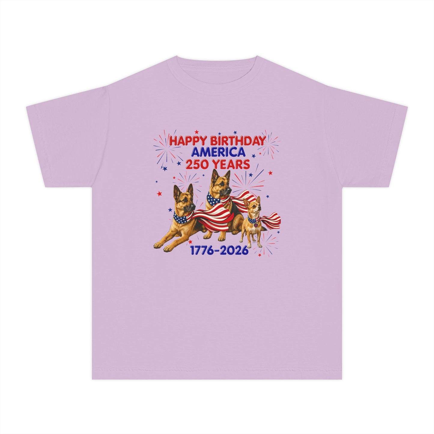 Youth Tee — "Happy Birthday America 250 Years 1776-2026" Patriotic German Shepherds