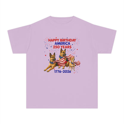 Youth Tee — "Happy Birthday America 250 Years 1776-2026" Patriotic German Shepherds