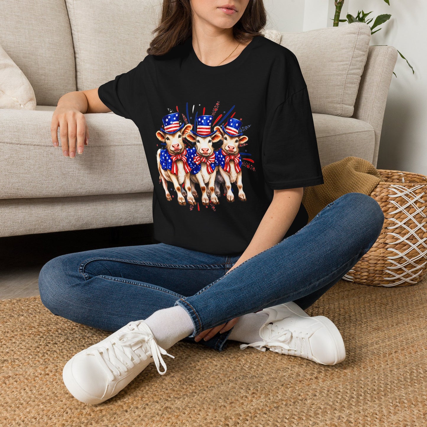 American Patriotic Cows T-Shirt — 4th of July Cow Trio in Uncle Sam Hats