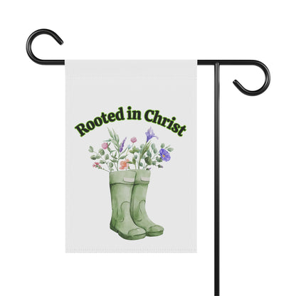 Rooted in Christ Garden Flag — Floral Rainboot Christian Yard Banner