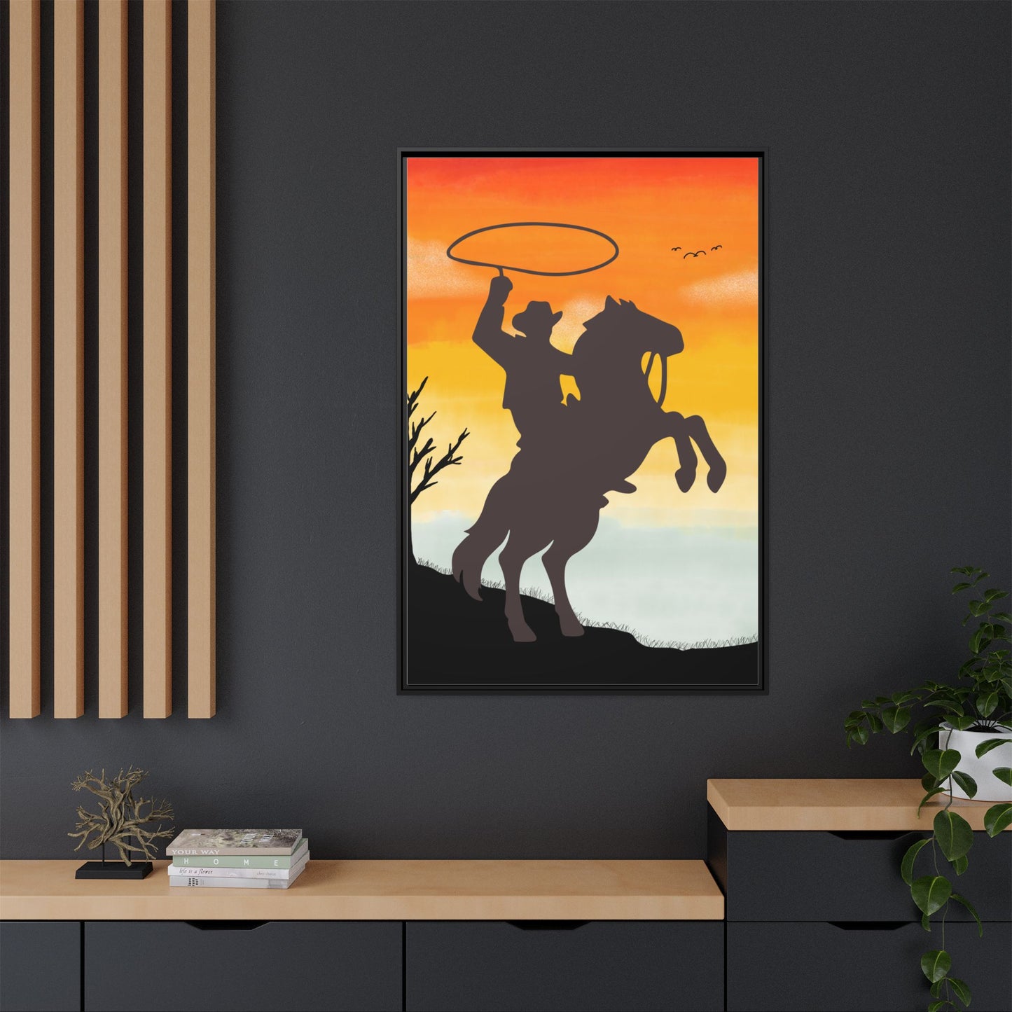 Framed Canvas Art Print Western Home Decor Rustic Wall Art Gift for Cowgirl or Cowboy Country Housewarming Rodeo Home Decor Cowboy Sunset