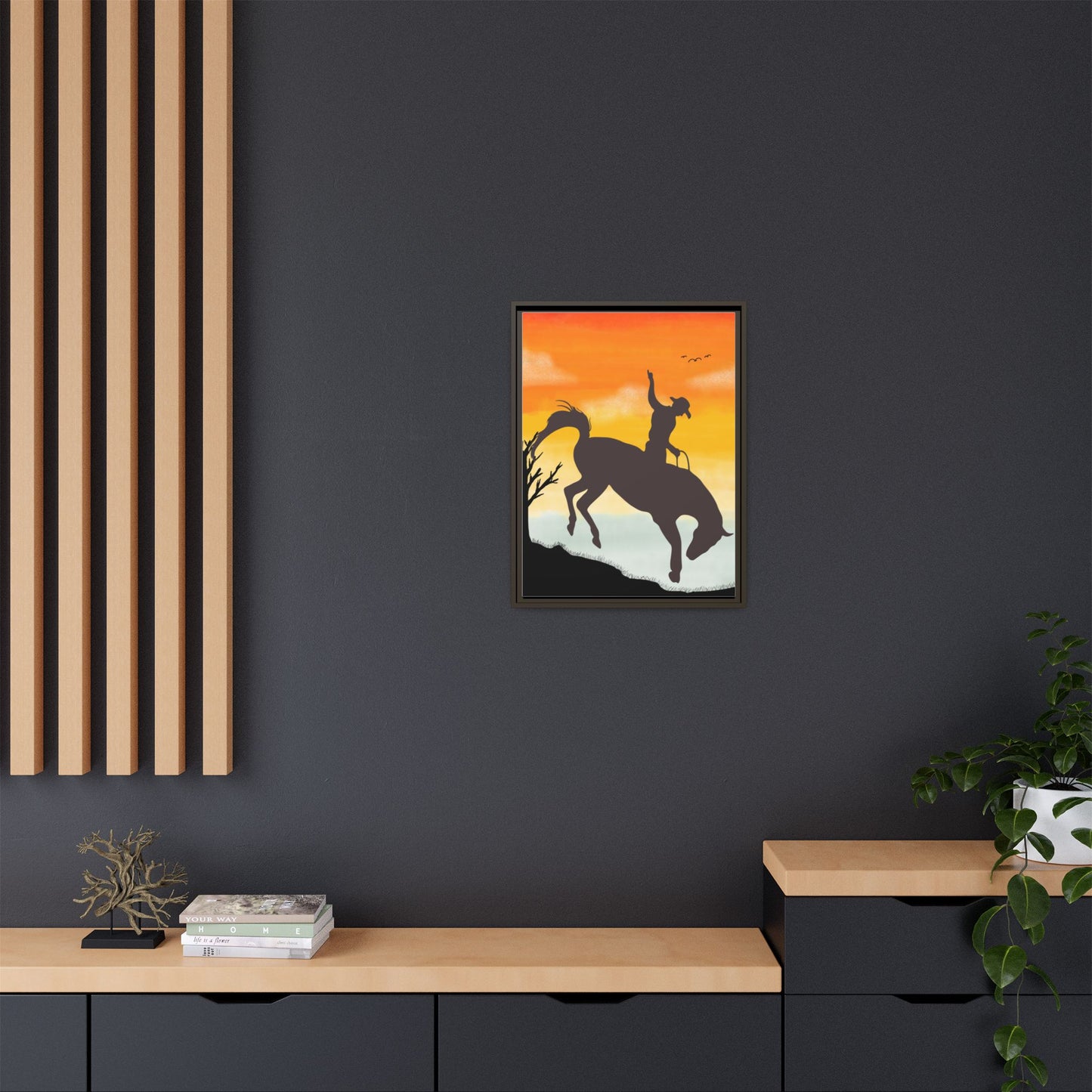 Framed Cowboy Sunset Canvas Art Equestrian Decor Farmhouse Wall Art Rustic Home Decoration Gift for Horse Lovers Rodeo Decor Housewarming Gift