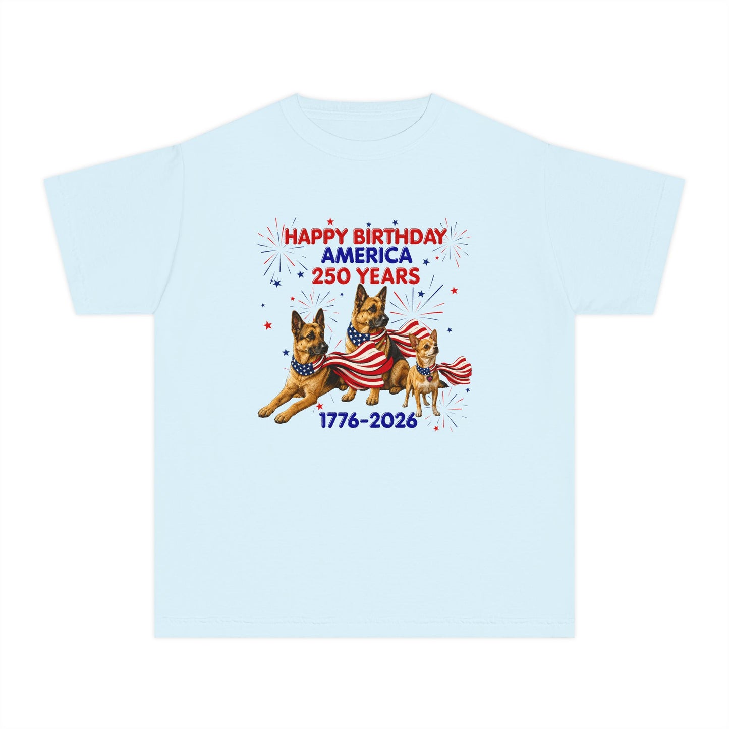 Youth Tee — "Happy Birthday America 250 Years 1776-2026" Patriotic German Shepherds