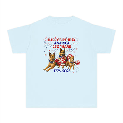 Youth Tee — "Happy Birthday America 250 Years 1776-2026" Patriotic German Shepherds
