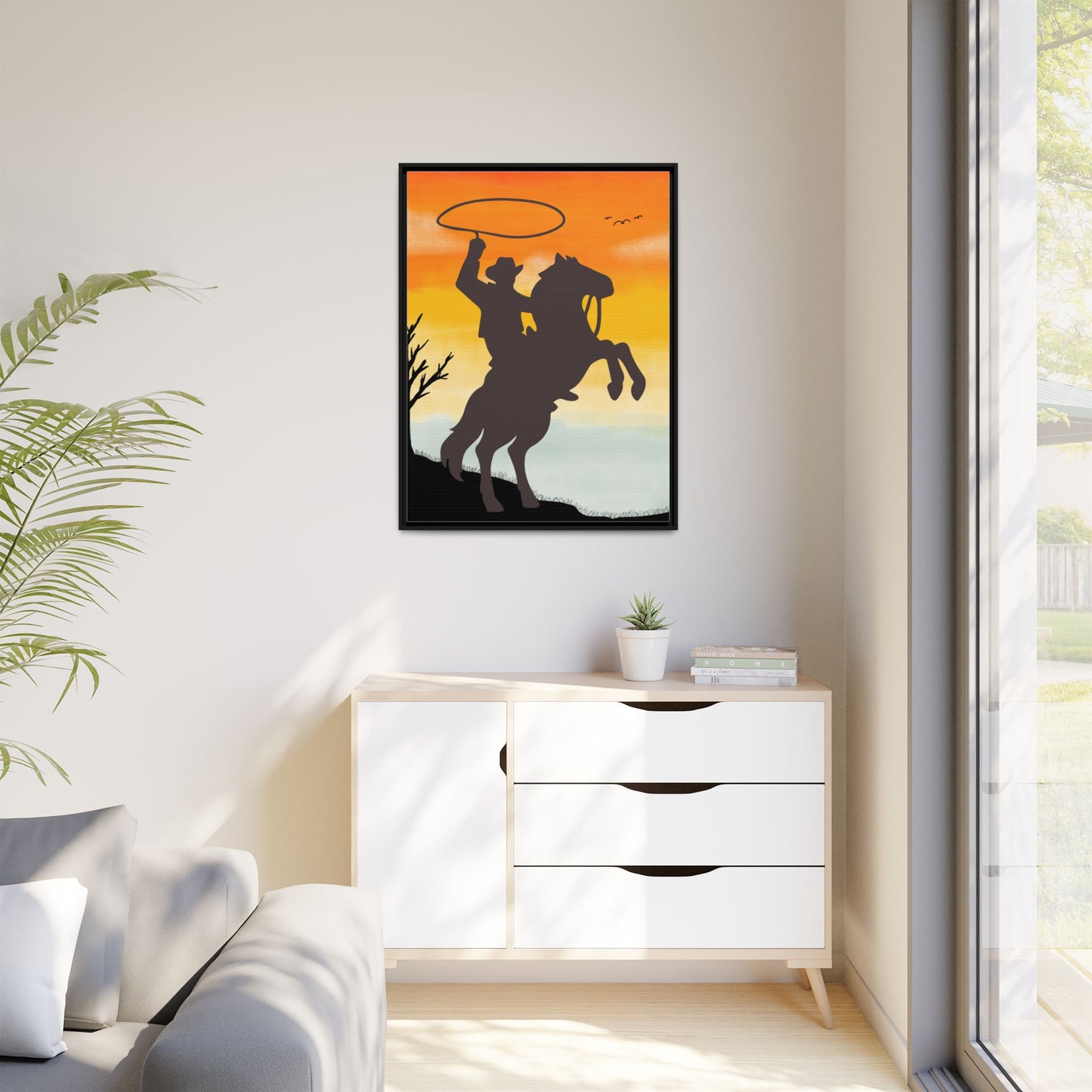 Framed Canvas Art Print Western Home Decor Rustic Wall Art Gift for Cowgirl or Cowboy Country Housewarming Rodeo Home Decor Cowboy Sunset