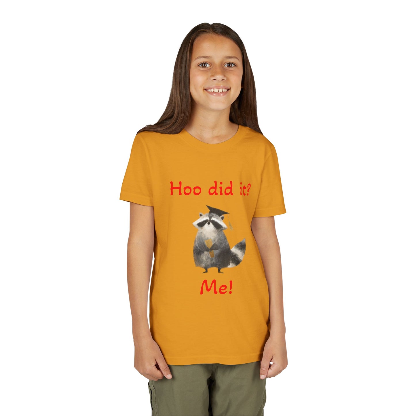 Youth Tee – Cute Raccoon “Hoo did it? Me!” Kids Shirt