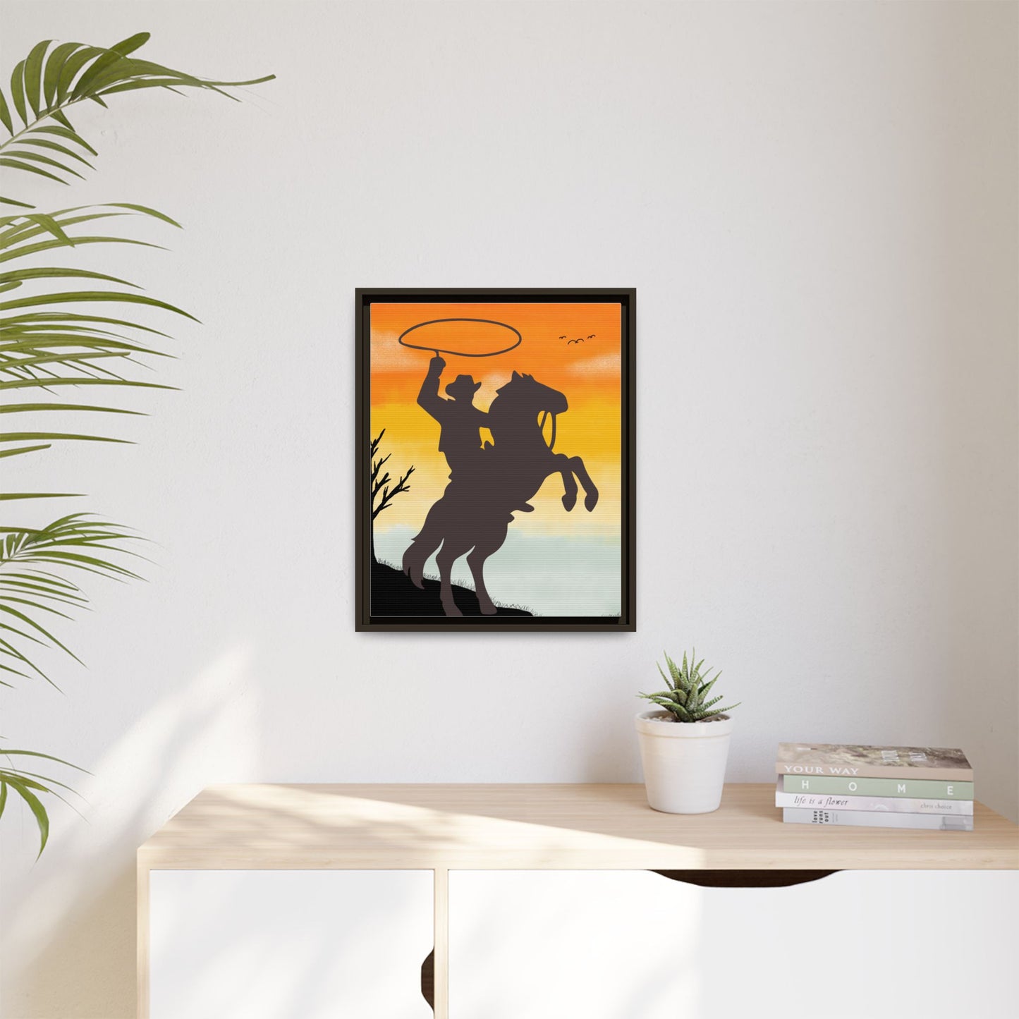 Framed Canvas Art Print Western Home Decor Rustic Wall Art Gift for Cowgirl or Cowboy Country Housewarming Rodeo Home Decor Cowboy Sunset