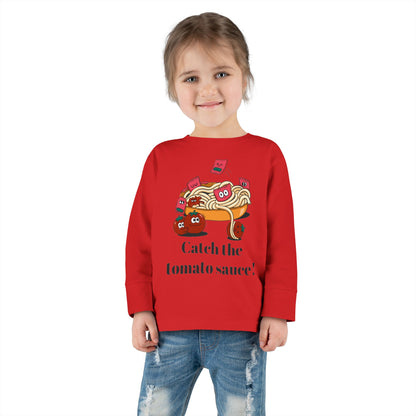 T-Shirt Cute Food-Themed Toddler Long Sleeve Tee Catch the Tomato Sauce Shirt Kids Foodie Apparel Fun Playdate Outfit Perfect for Birthdays