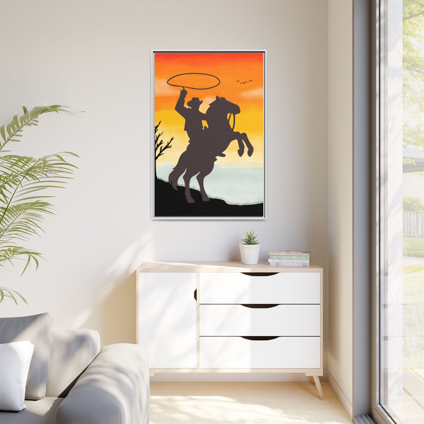 Framed Canvas Art Print Western Home Decor Rustic Wall Art Gift for Cowgirl or Cowboy Country Housewarming Rodeo Home Decor Cowboy Sunset