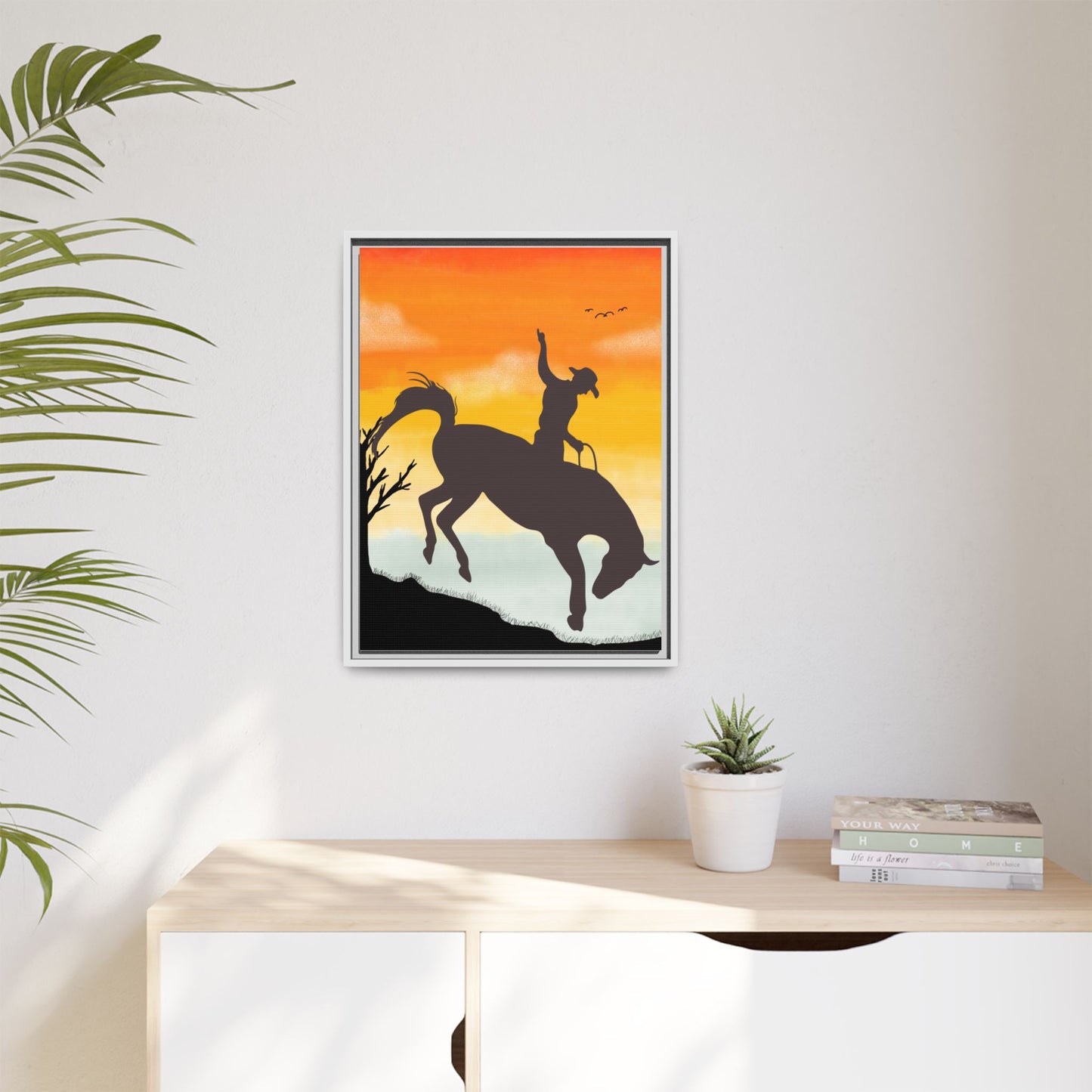 Framed Cowboy Sunset Canvas Art Equestrian Decor Farmhouse Wall Art Rustic Home Decoration Gift for Horse Lovers Rodeo Decor Housewarming Gift