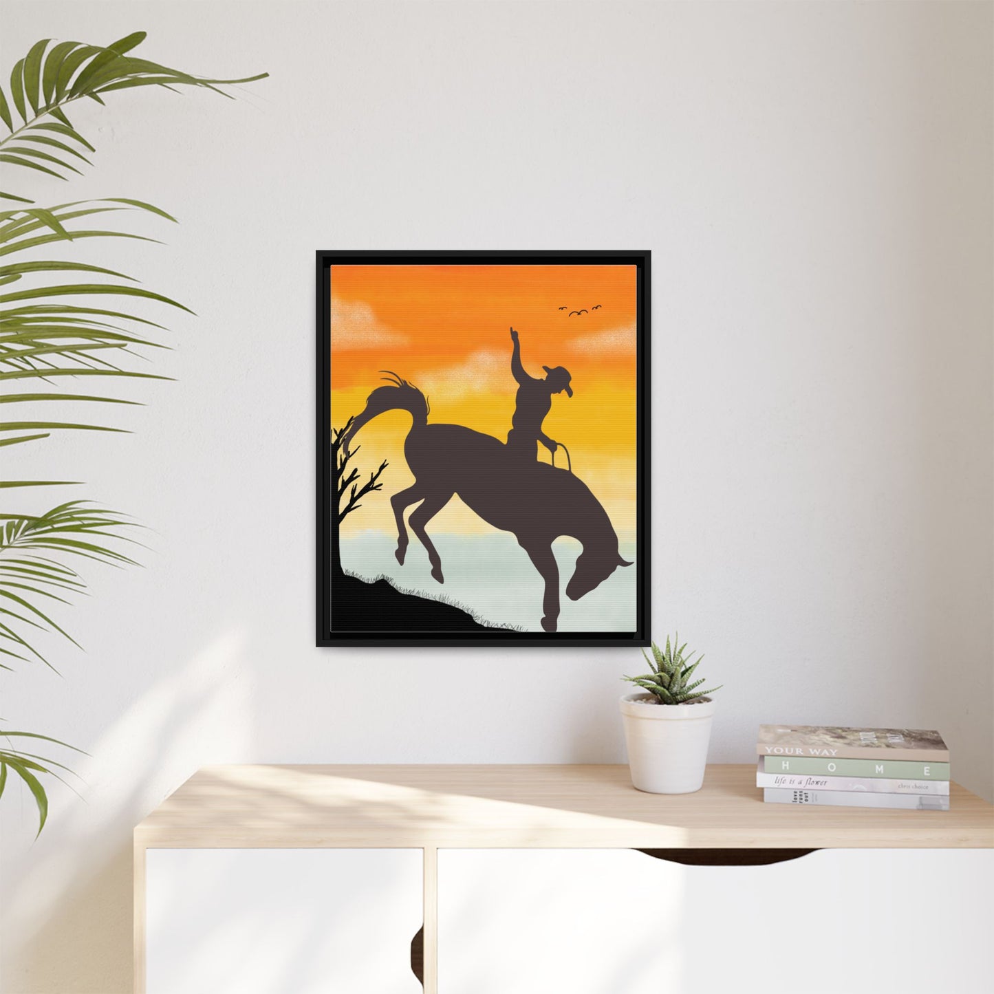 Framed Cowboy Sunset Canvas Art Equestrian Decor Farmhouse Wall Art Rustic Home Decoration Gift for Horse Lovers Rodeo Decor Housewarming Gift