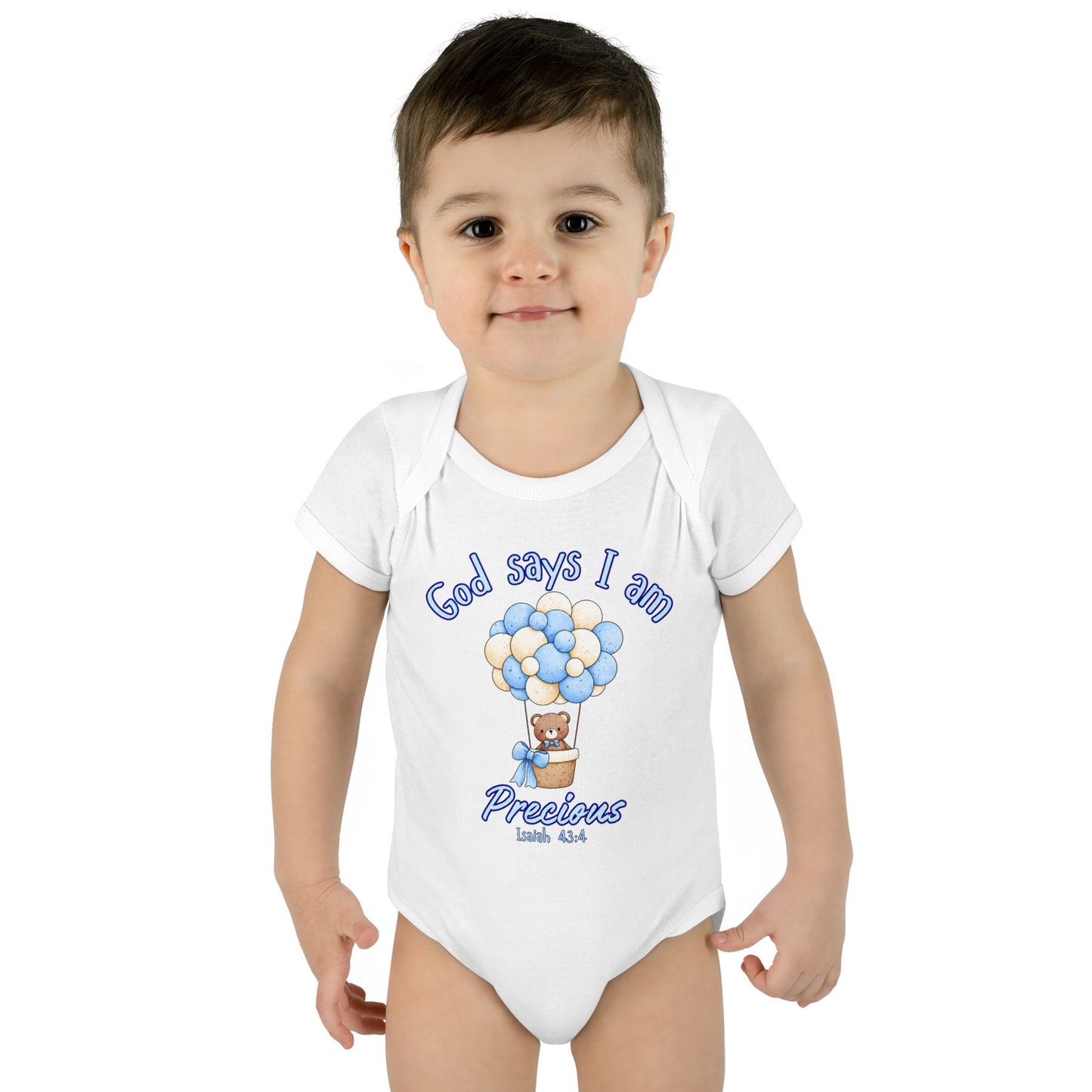 Baby Bodysuit - "God Says I Am Precious" Blue Balloon Teddy Infant Bodysuit