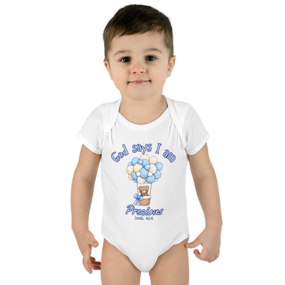 Baby Bodysuit - "God Says I Am Precious" Blue Balloon Teddy Infant Bodysuit
