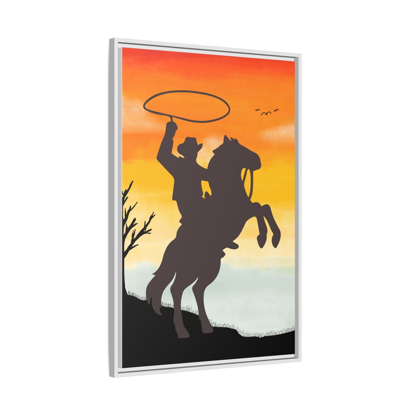 Framed Canvas Art Print Western Home Decor Rustic Wall Art Gift for Cowgirl or Cowboy Country Housewarming Rodeo Home Decor Cowboy Sunset