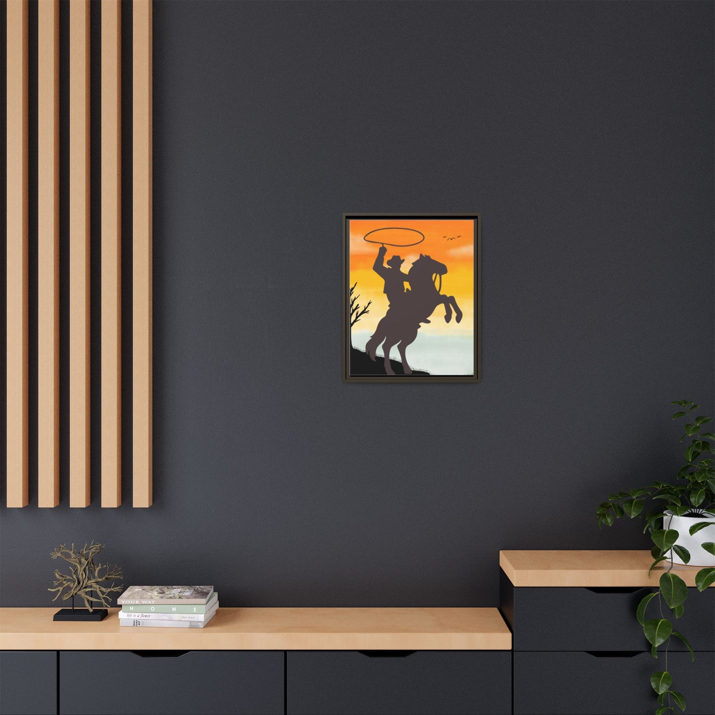 Framed Canvas Art Print Western Home Decor Rustic Wall Art Gift for Cowgirl or Cowboy Country Housewarming Rodeo Home Decor Cowboy Sunset