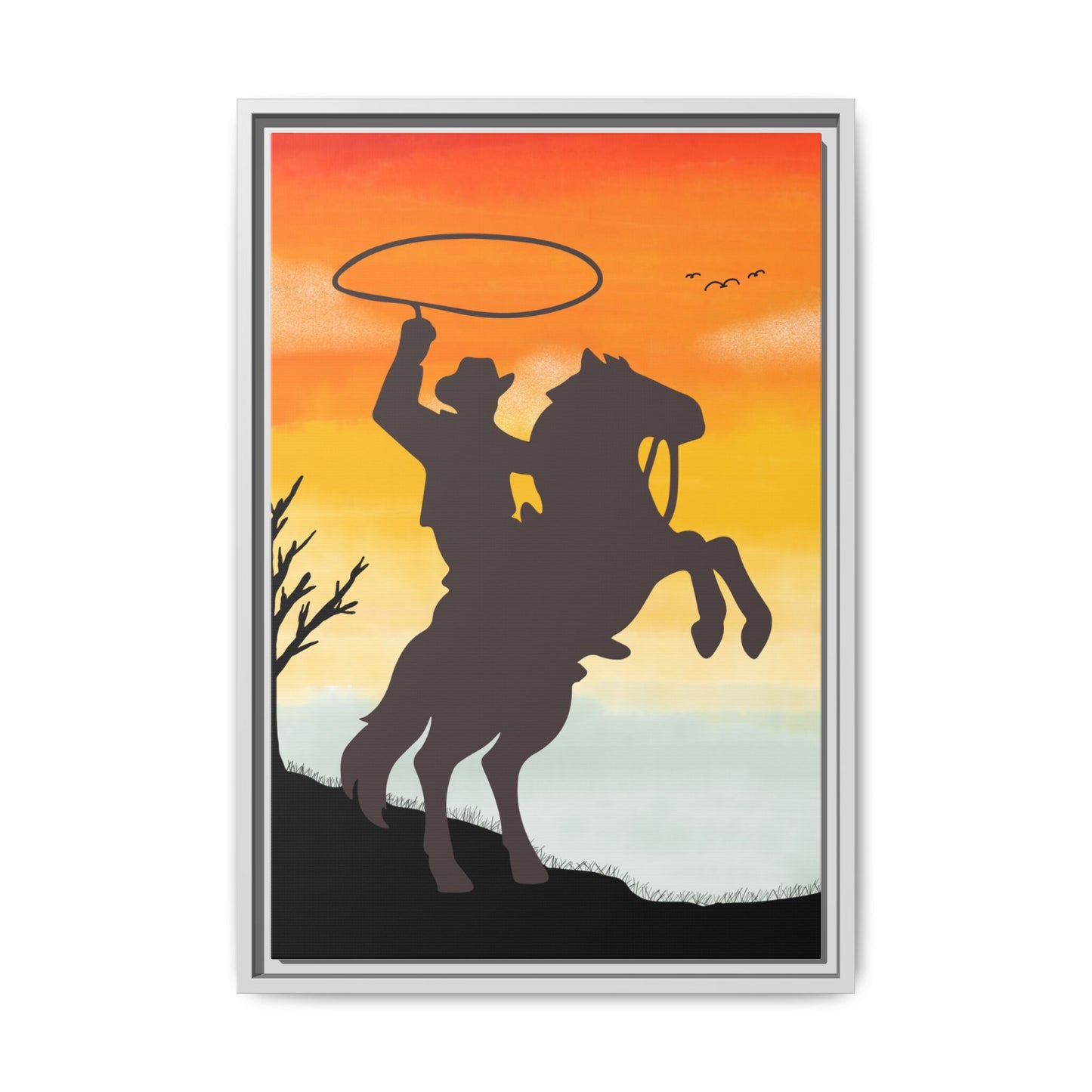 Framed Canvas Art Print Western Home Decor Rustic Wall Art Gift for Cowgirl or Cowboy Country Housewarming Rodeo Home Decor Cowboy Sunset