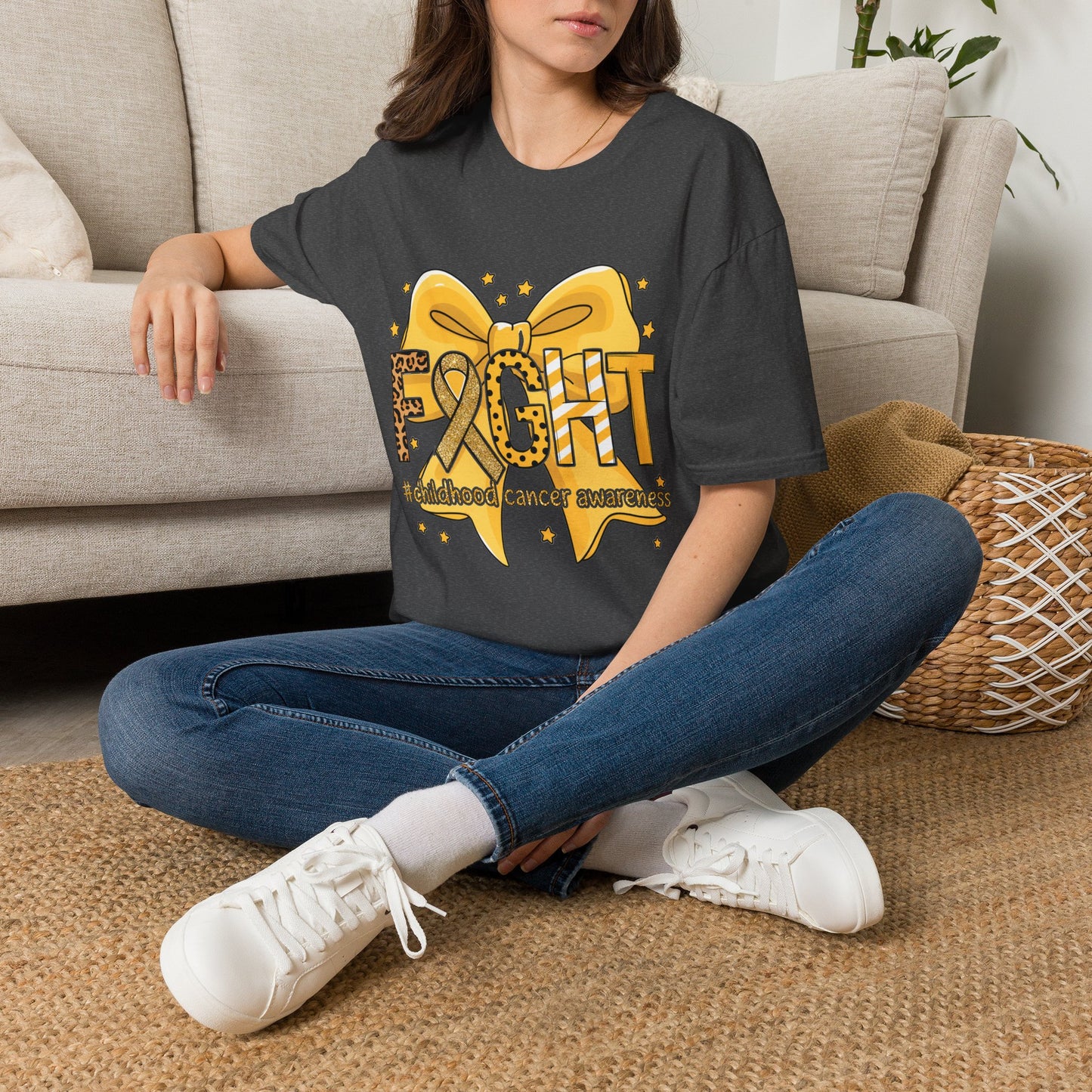 Fight Childhood Cancer T-Shirt — Gold Awareness Ribbon Bow Design