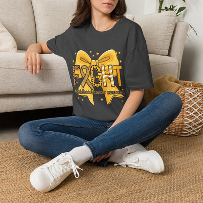 Fight Childhood Cancer T-Shirt — Gold Awareness Ribbon Bow Design